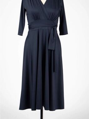 Karina Navy Wrap Midi Dress with Waist Tie